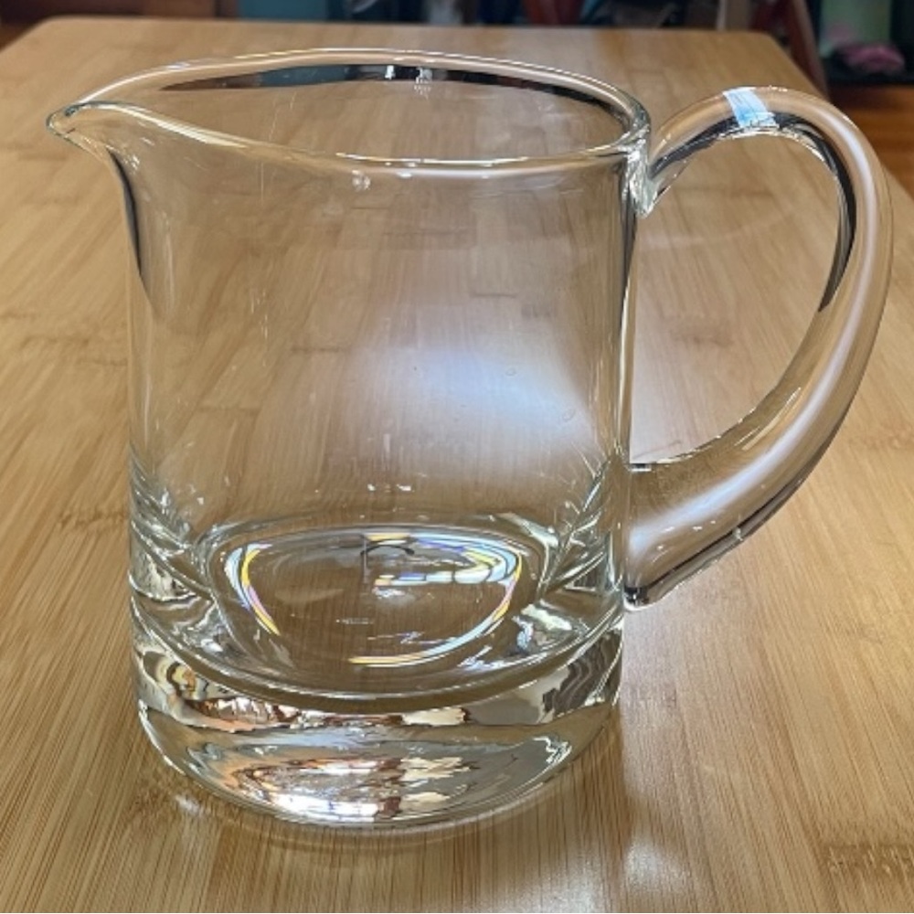 Vintage clear glass water pitcher/jug, hand blown with applied handle, elegant